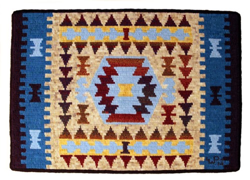 Tribal Kilim design by Jane Flynn hooked by Laura Pierce
