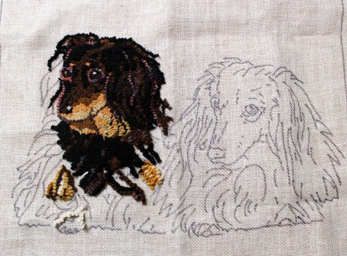 'Rufus and Milo' designed by Laura Pierce and hooking in progress