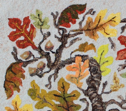 detail of Pat Horn's rug, 'Oak Leaf Branch'